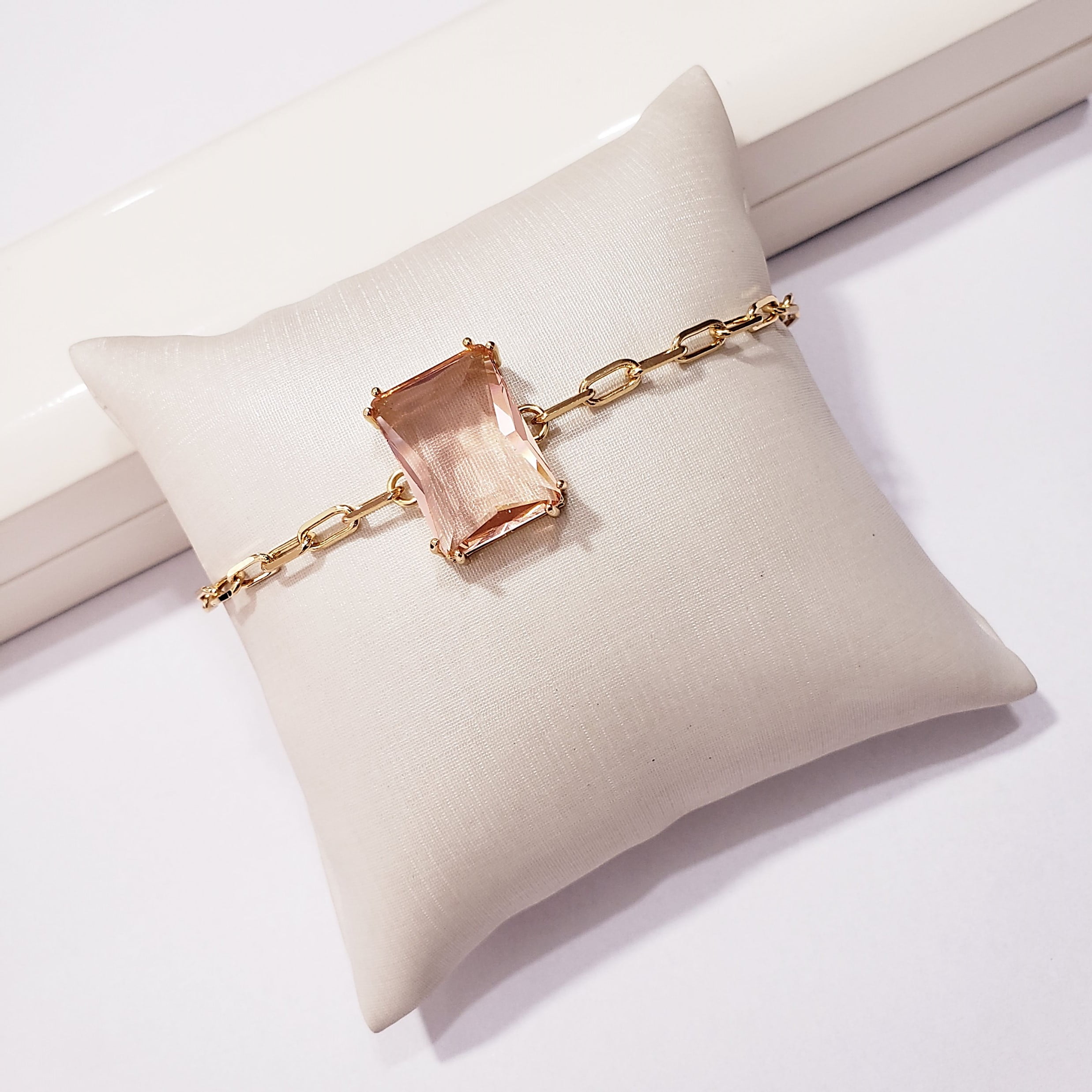  Pulseira de corrente  e cristais  rosa - banhado a ouro 