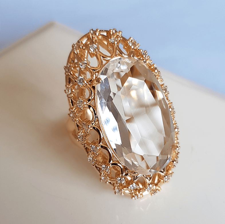 anel cristal white oval 25x15mm  com zircônias - modelo Tarsila