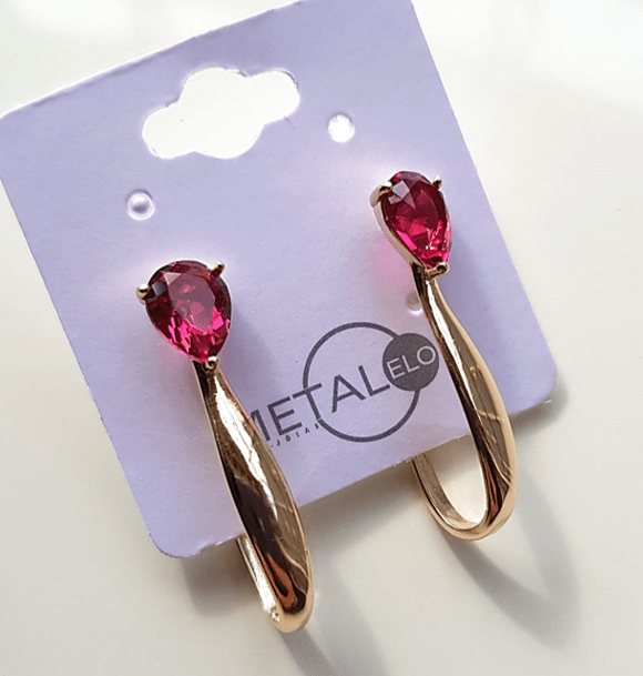 ZERO*Brinco argola com gota de cristal rosa turmalina 