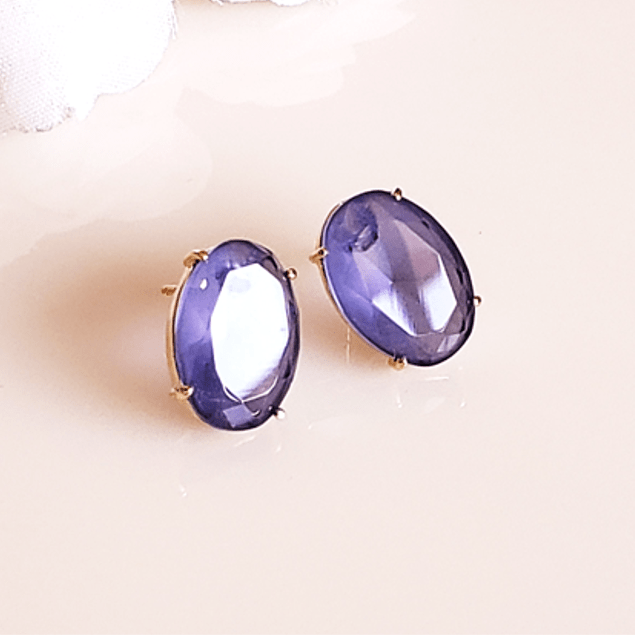 Brinco botão cristal lavanda fusion -oval 15x10mm - banhado a ouro