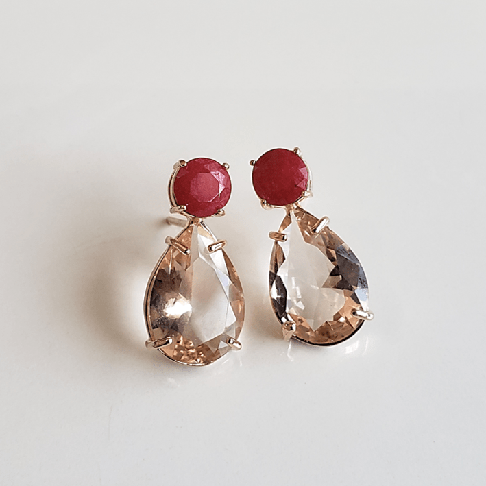 #Brinco com base redonda rubilita e gota de cristal pêssego morganita