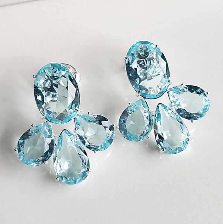 2-Brinco de cristais azul aqua - banhado a prata