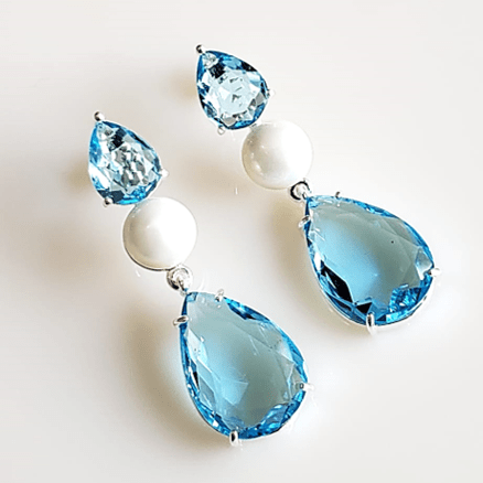 ZERO Brinco de cristais azul aquamarine com pérola - banhado a prata