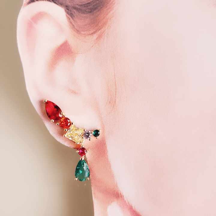 Brinco earcuff cristais e zircônias coloridas - banhado a ouro  