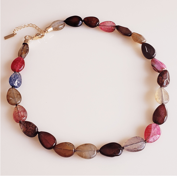 1-Colar de pedras naturais jaspe multicolor - banhado a ouro
