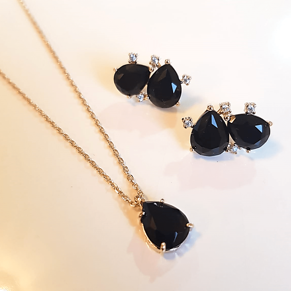 #Conjunto Daily - pedra cristal preto ônix e zircônias - colar curto e brinco -1