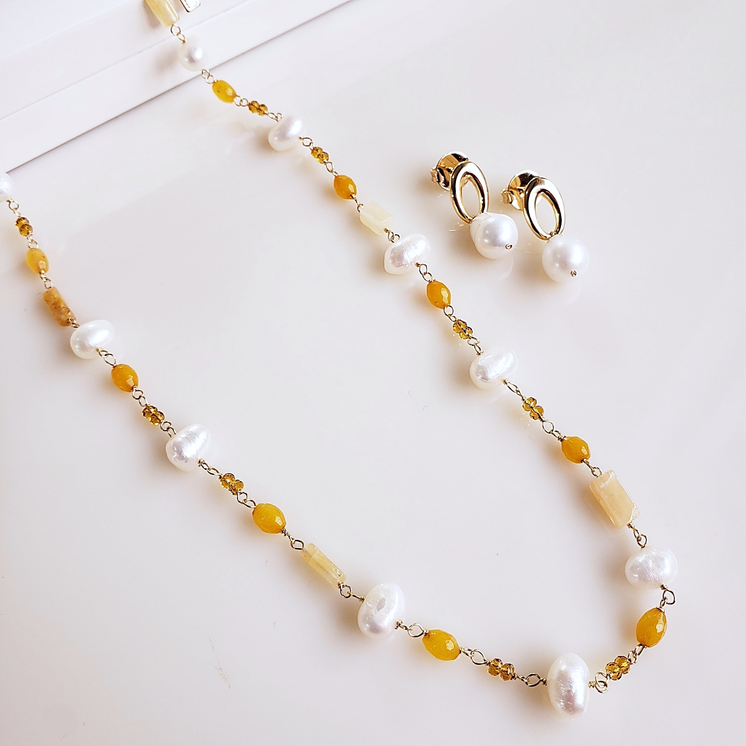 Conjunto Ateliê jade amarela, pérola e cristais - banhado a ouro