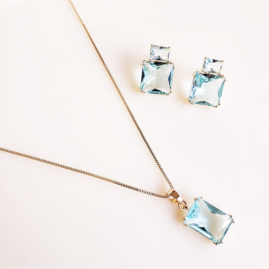 Conjunto colar + brinco com cristais azul aquamarine 1 - banhado a ouro   