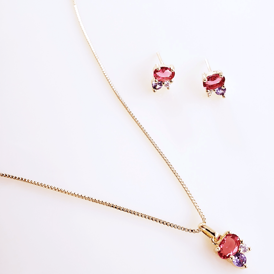 #Conjunto colar + brinco com cristais e zircônias 2 - banhado a ouro    