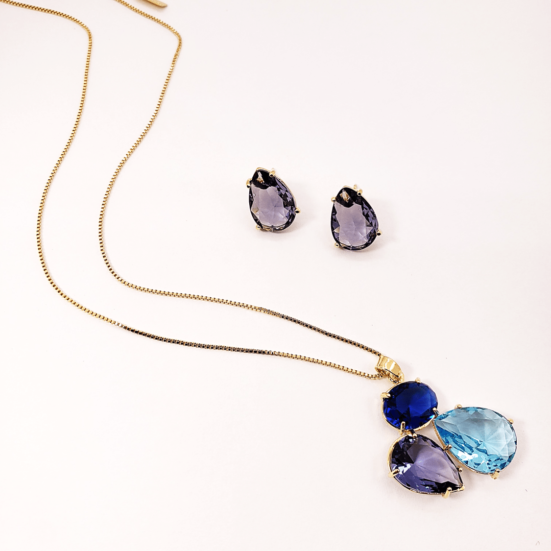 #Conjunto colar + brinco com cristais multicolor - banhado a ouro    