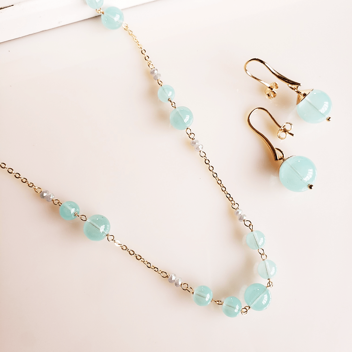 #Conjunto corrente com pingente + brinco - ágata aqua 
