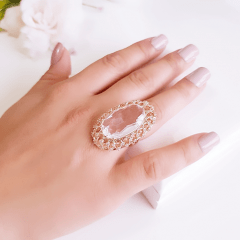 *anel cristal rosa turmalina oval 25x15mm  com zircônias - modelo Tarsila  