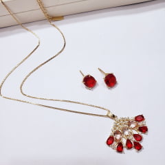  Conjunto de colar e brinco 1 - cristais vermelho rubi - banhado a ouro 