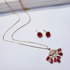  Conjunto de colar e brinco 1 - cristais vermelho rubi - banhado a ouro 