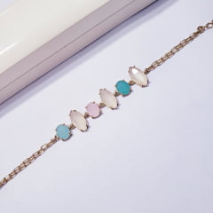  Pulseira de corrente malha dourada com cristais multicolor 1- banhado a ouro 