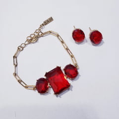 #Conjunto pulseira + brinco com cristais vermelho - banhado a ouro  