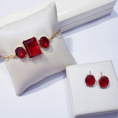 #Conjunto pulseira + brinco com cristais vermelho - banhado a ouro  