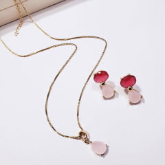 *Conjunto colar + brinco com cristais multicolor (vermelho e rosa) - banhado  ouro   