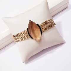 *Pulseira corrente dupla  dourada com cristal champanhe - banhado a ouro