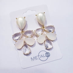 1-Brinco longo de cristais white e leitoso - banhado a ouro  