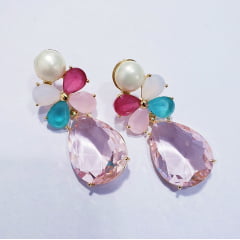 Brinco com cristais multicolor e pérola shell -  - banhado a ouro  