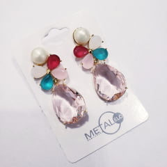 Brinco com cristais multicolor e pérola shell -  - banhado a ouro  
