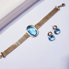 Conjunto brinco + pulseira com cristais aquamarine- banhado a ouro      