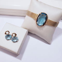 Conjunto brinco + pulseira com cristais aquamarine- banhado a ouro Conjunto brinco + pulseira com cristais aquamarine- banhado a ouro