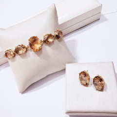Conjunto brinco + pulseira com cristais champanhe - banhado a ouro    