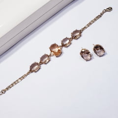 Conjunto brinco + pulseira com cristais champanhe - banhado a ouro    