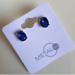 Brinco botão oval de cristal azul safira - 8x6mm
