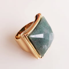 *1-Anel pedra natural quartzo verde - banhado a ouro - 