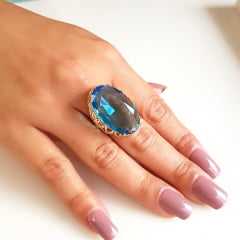 Anel cristal aquamarine oval  28x17mm - modelo Iolanda