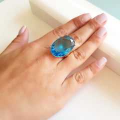 Anel cristal azul aquamarine oval 30x20mm - Modelo Greta