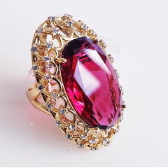 anel cristal rosa turmalina oval 25x15mm  com zircônias - modelo Tarsila  