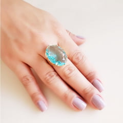 Anel de cristal azul aqua - modelo Melissa - banhado a ouro   