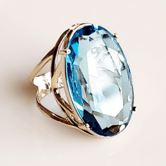 Anel de cristal azul aquamarine - modelo Clarice - banhado a ouro  
