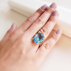 Anel de cristal azul aquamarine - modelo Letícia   