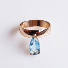 Anel de cristal azul aquamarine - modelo Princess1 - banhado a ouro    