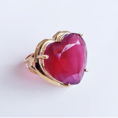 Anel de cristal rosa turmalina fusion- modelo Coração - banhado a ouro      