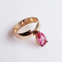 Anel de cristal rosa turmalina - modelo Princess1 - banhado a ouro      