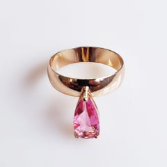 *Anel de cristal rosa turmalina - modelo Princess1 - banhado a ouro      