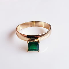 Anel de cristal verde esmeralda - modelo Princess - banhado a ouro  