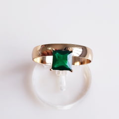 Anel de cristal verde esmeralda - modelo Princess - banhado a ouro  