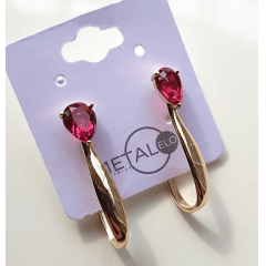 ZERO*Brinco argola com gota de cristal rosa turmalina 