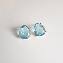 Brinco botãozinho gota de cristal azul aquamarine 10x8mm