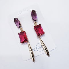 Brinco de cristal  lavanda e rosa turmalina - banhado a ouro 