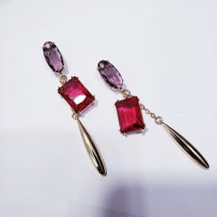 Brinco de cristal  lavanda e rosa turmalina - banhado a ouro 