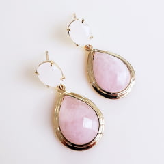 zero-Brinco de cristal leitoso e pedras natural quartzo rosa - banhado a ouro 