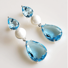 ZERO Brinco de cristais azul aquamarine com pérola - banhado a prata